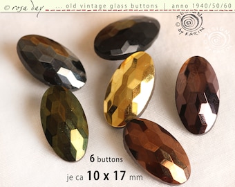 6 old elongated vintage glass buttons from 1950/60 - oval shape, softly faceted - metallic vapor coating - ø each approx. 10 x 17 mm - No. X-4260
