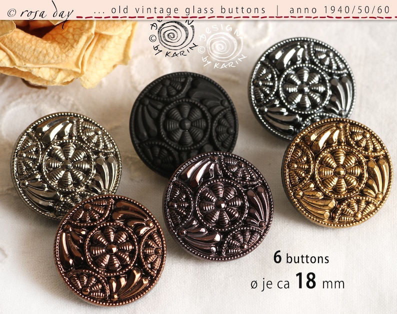 6 antiguos y bonitos botones de cristal vintage de los años 1950/60 diseño romántico en varios colores ø cada uno aprox. 18 mm N X-4842 imagen 4