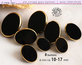 8 old oval vintage glass buttons from 1950/60 - same design - high-gloss black with golden frame - ø approx. 10-17 mm - No. X-4539