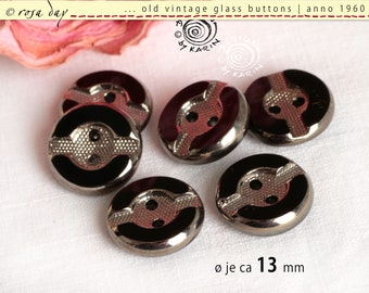 # 0229 | 6 old two-hole vintage glass buttons anno 1960 | High gloss black glass with silver embellishments | ø about 13 mm each