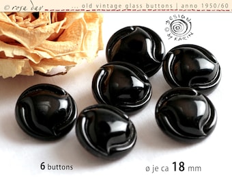 6 old beautiful vintage glass buttons anno 1950/60 - same design - black glossy opaque glass - ø each about 18 mm - No. A-746