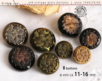 8 anciens et beaux boutons en verre vintage des années 1950/60 - même design - métallisés de différentes manières - ø environ 11-16 mm - N° X-3350
