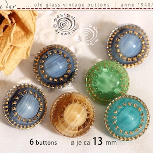 6 alte Vintage-Glasknöpfe anno 1950/60 - gleiches Design - streifiges moonglow glas - 5 golden verziert - ø je ca 13 mm - Nr 2529