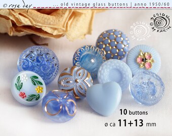 10 old cute vintage glass buttons anno 1950/60 - various designs - partly hand painted/gold plated - ø ca 11+13 mm - Nr X-2767