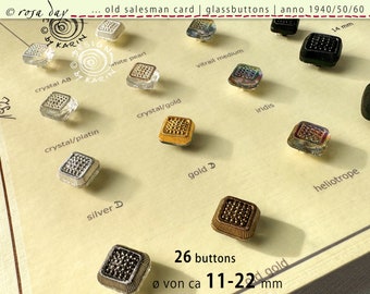 26 old collector's glass buttons from 1930/40 on sample card - square shape - same design - ø approx. 11-22 mm - No. X-4847