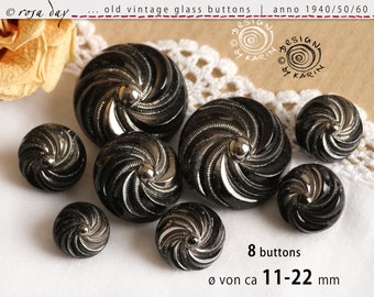 8 botones de cristal antiguos de 1950/60 - mismo diseño en espiral en negro y plata - ø aproximadamente 11-22 mm - No. X-4004