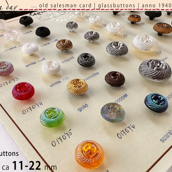 54 old collector's glass buttons from 1930/40 on sample card - same design - fine various colors - ø approx. 11-22 mm - No. X-4867