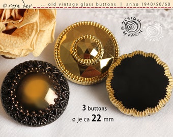 3 large old vintage glass buttons from 1950/60 - various designs - fine set in black and gold - each ø approx. 22 mm - No. X-4591