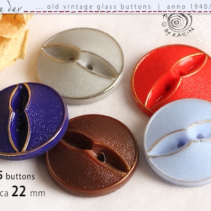 5 old vintage two-hole glass buttons from 1950/60 - same design - opaque colored glass - some decorated with gold - ø each approx. 22 mm - No. X-4018