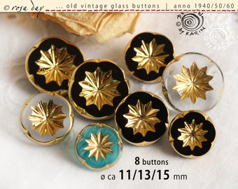 8 charming old vintage glass buttons from 1950/60 - colored glass with relief flowers and edge in golden - ø approx. 11/13/15 mm - No. X-4807