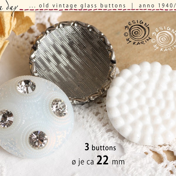 3 large old vintage glass buttons from 1950/60 - various designs - fine set of bright silver, white and rhinestones - ø each approx. 22 mm - No. X-4768