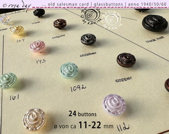24 old collector's glass buttons from 1930/40 on a sample card - pretty shell design in various beautiful colors - ø approx. 11-22 mm - No. X-4547
