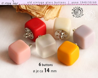 6 old vintage glass buttons from 1950/60 - cube shape - various colors - with silver-colored eyelet - ø each approx. 14 mm - No. X-4324