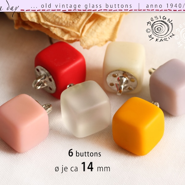 6 old vintage glass buttons from 1950/60 - cube shape - various colors - with silver-colored eyelet - ø each approx. 14 mm - No. X-4324