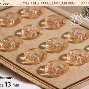 12 botones de cristal antiguos vintage de 1940 - cristal transparente de color albaricoque sobre cartón original - ø cada uno aprox. 13 mm - N.º 687