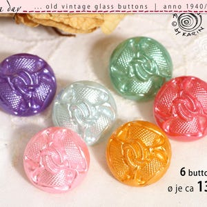May include: Six round vintage glass buttons in purple, light blue, green, red, pink, and orange. Each button features a textured, moulded floral pattern. Text on the image reads: rosa day, old vintage glass buttons, anno 1940/50/60, 6 buttons, 13 mm.