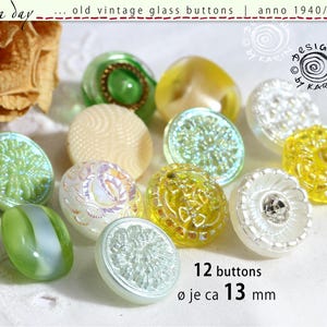 12 fine vintage glass knobs from the 1950s/60s - pretty set in yellow and green tones - various designs - approx. 13 mm diameter each - No. 2976