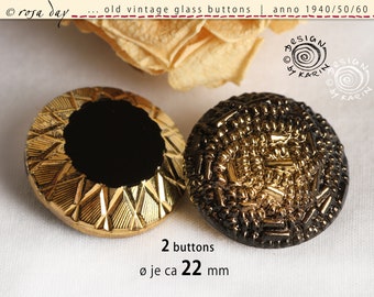 2 large old vintage glass buttons from 1950/60 - various beautiful designs in black + gold - ø each approx. 22 mm - No. X-4420