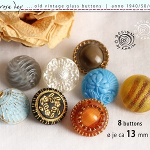 1950～60年代の可愛らしいヴィンテージガラス製つまみ8個セット - 様々なデザイン、カラフルなセット - 各つまみの直径は約13mm - 商品番号122