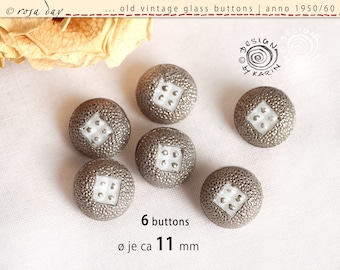 Nr X-1101 | 6 old pretty vintage glass buttons from 1950/60 | opaque white glass matt silver vaporized | ø each about 11 mm