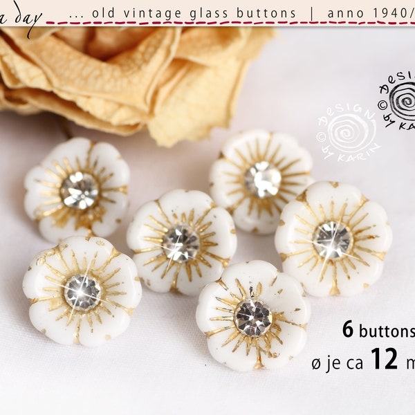 6 old cute rhinestone glass buttons from 1950/60 - small flowers - opaque white glass with crystal rhinestones - ø approx. 12 mm each - No. X-4743