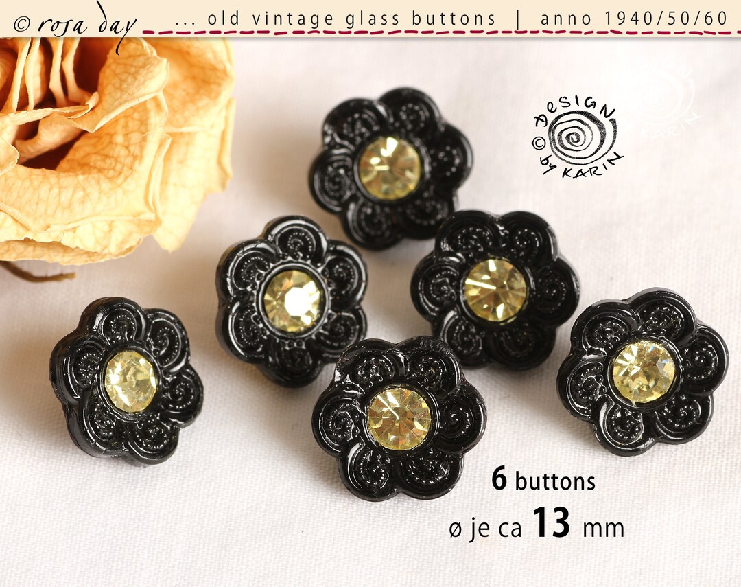 6 Old Pretty Rhinestone Glass Buttons From 1960 - Black Flowers With ...