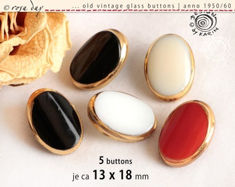 5 old oval vintage glass buttons anno 1950/60 - same design colored opaque glass - edge gold-plated - ø each about 13 x 18 mm - No. X-2776