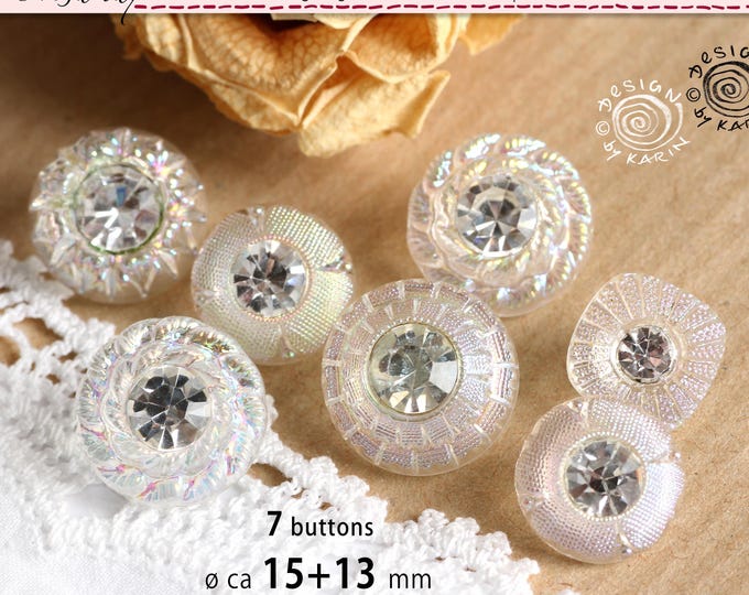 7 Old Rhinestone Glass Buttons From 1950/60 - Clear Glass Aurora ...