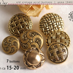 7 old vintage buttons from 1950/60 - metallized plastic blackened gold - various designs - ø approx. 15-20 mm - No. X-4147