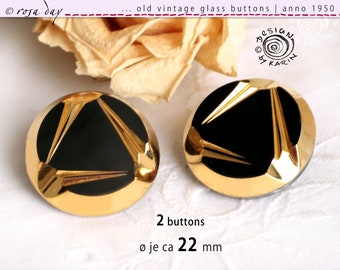 2 old dreamlike collector's glass buttons anno 1950 - high-gloss black glass gold-plated - noble design - ø each about 22 mm - No. A-357