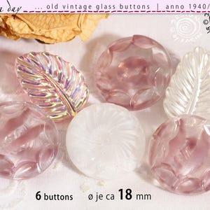 6 alte hübsche vintage Glasknöpfe anno 1950/60 - diverse Designs - Set in zart lila weiß - ø je ca 18 mm - Nr 2686