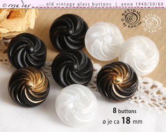 8 old vintage glass buttons from 1950/60 - same spiral design in black golden white - ø each approx. 18 mm - No. X-4002