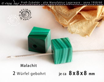 2 old fine malachite beads - cube shape - drilled - professional accessories - stock of old jewelry manufactory - ø je ca 8x8x8 mm - Nr X-2882