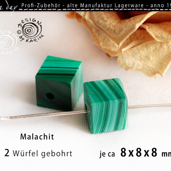 2 old fine malachite beads - cube shape - drilled - professional accessories - stock of old jewelry manufactory - ø je ca 8x8x8 mm - Nr X-2882