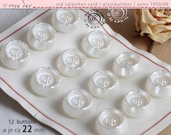 12 old large vintage glass buttons from 1950/60 - on sample card - glass cream white waxed - ø each approx. 22 mm - No. 0655