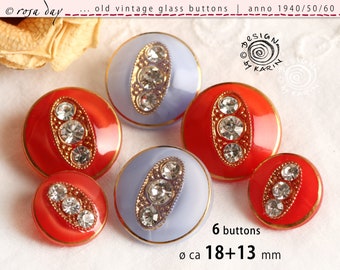 6 old rhinestone glass buttons from 1950/60 - red + blue moonglow glass with 3 crystal rhinestones each - ø approx. 18 + 13 mm - No. X-4797