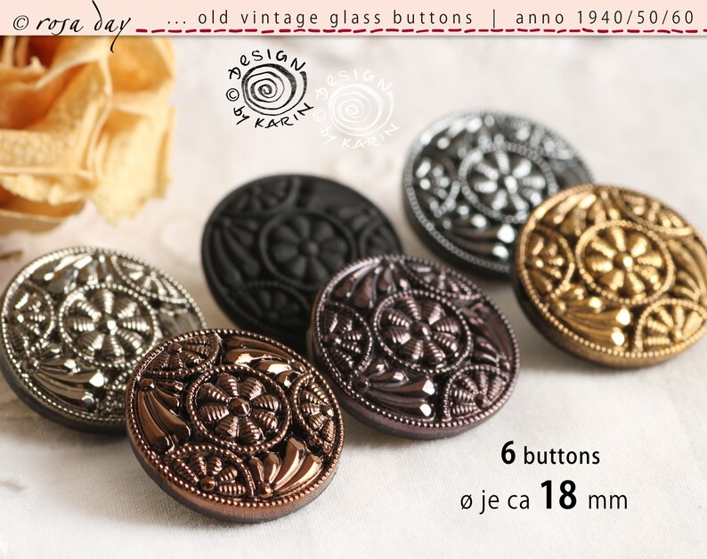 6 antiguos y bonitos botones de cristal vintage de los años 1950/60 diseño romántico en varios colores ø cada uno aprox. 18 mm N X-4842 imagen 3