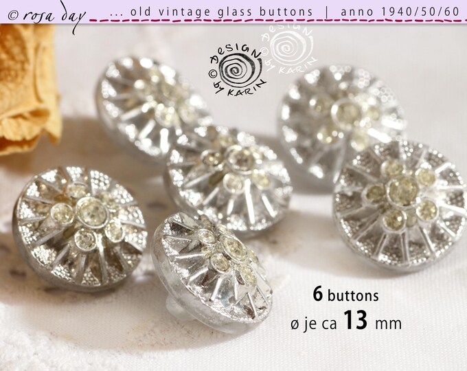 6 Beautiful Old Rhinestone Glass Buttons From 1950/60 - Clear Glass ...