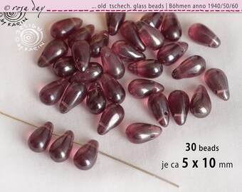 30 old Czech glass beads drops - purple colored glass in drop form - Bohemia - each about 5 x 10 mm in size - No. X-2122