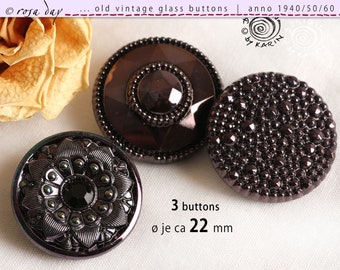 3 large old vintage glass buttons from 1950/60 - various designs - fine set in dark blackberry violet - ø each approx. 22 mm - No. X-4697