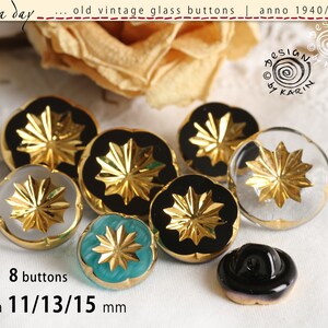 8 encantadores botones antiguos de vidrio de los años 1950/60 vidrio coloreado con flores en relieve y borde dorado ø aproximadamente 11/13/15 mm No. X-4807 imagen 3