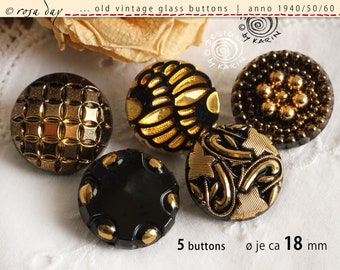 5 alte schöne vintage Glasknöpfe anno 1950/60 - diverse Designs in Schwarz golden - ø je ca 18 mm - Nr X-4830