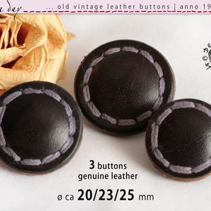 3 old hand-sewn leather buttons anno 1950/60 - real leather - black sewn with light thread - ø ca 20/23/25 mm - No X-1996