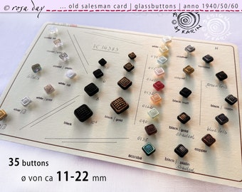 35 old collector's glass buttons from 1930/40 on sample card - same square design - various beautiful colors - ø approx. 11-22 mm - No. X-4323