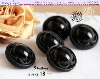 5 old beautiful vintage glass buttons anno 1950/60 - same design in black glossy - ø each about 18 mm - No X-1824