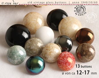 13 old colorful vintage glass buttons from 1950/60 - small + large thick lenses - various colors, some marbled - ø approx. 12-17 mm - No. X-4389