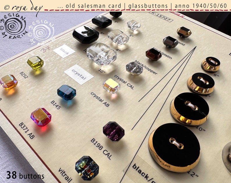 38 oude glazen verzamelknopen uit 1930/40 op voorbeeldkaart twee verschillende indrukwekkende ontwerpen ø ca. 11-26 mm nr. X-4843 afbeelding 10