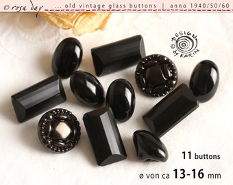 11 alte vintage Glasknöpfe anno 1950/60 - gemischtes Set in opakem Schwarz - schöne diverse Formen - ø von ca 13-16 mm - Nr X-4664