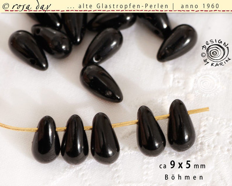 30 alte Glasperlen anno 1950/60 Böhmen hübsche Mini-Tropfen schwarz glänzendes opakes Glas Nr 893 Bild 2