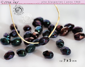 30 Old Glass Beads - Anno 1960 Bohemia - Faceted Oval Shape